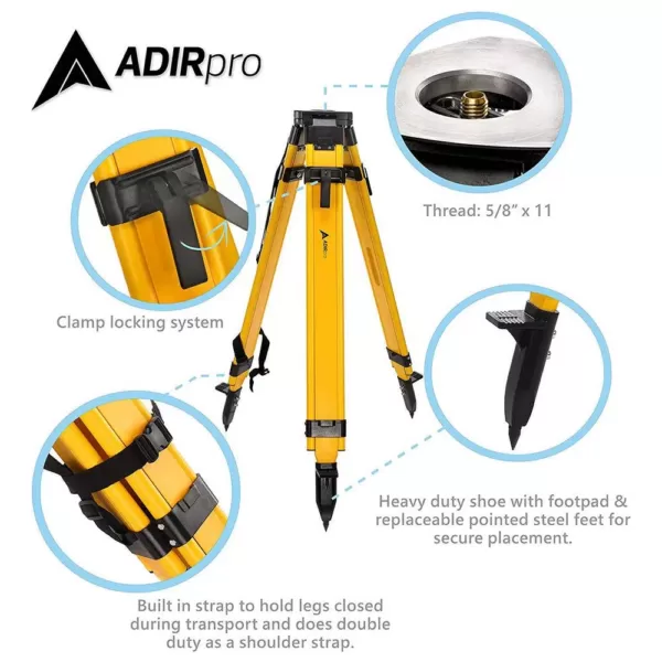 AdirPro Wood Fiberglass Quick Clamp Lock Construction Tripod