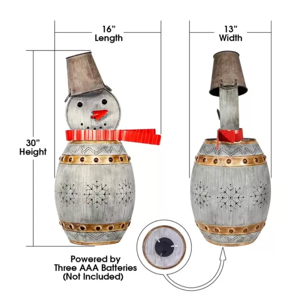 Alpine Corporation 30 in. Tall Weathered Barrel Snowman With Warm White LED Lights