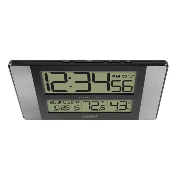 La Crosse Technology 11 in. x 7 in. Atomic Digital Clock with Temperature and Humidity in Aluminum Finish