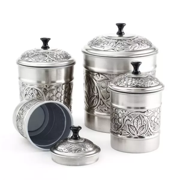 Old Dutch 4-Piece Antique Pewter Embossed "Heritage" Canister Set