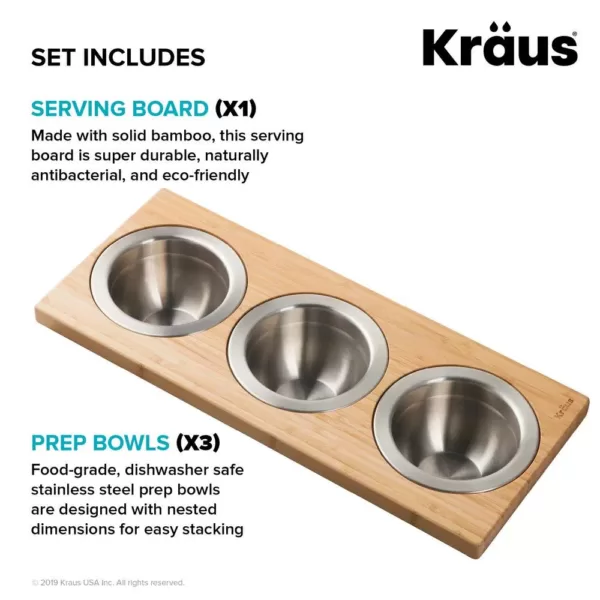 KRAUS 16.75 in. Workstation Kitchen Sink Composite Serving Board Set with Round Stainless Steel Bowls