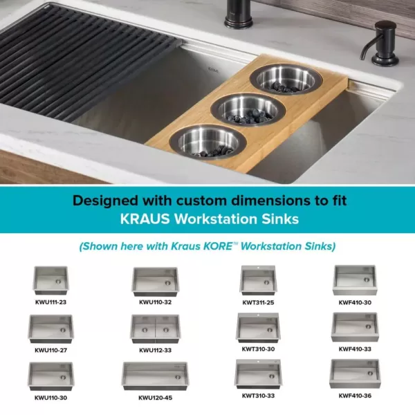 KRAUS 16.75 in. Workstation Kitchen Sink Composite Serving Board Set with Round Stainless Steel Bowls