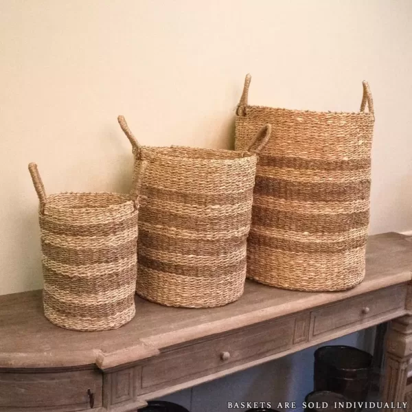 Zentique Cylindrical Handmade Woven Wicker Seasgrass Palm Leaf Wire Medium Basket with Stripes and Handles