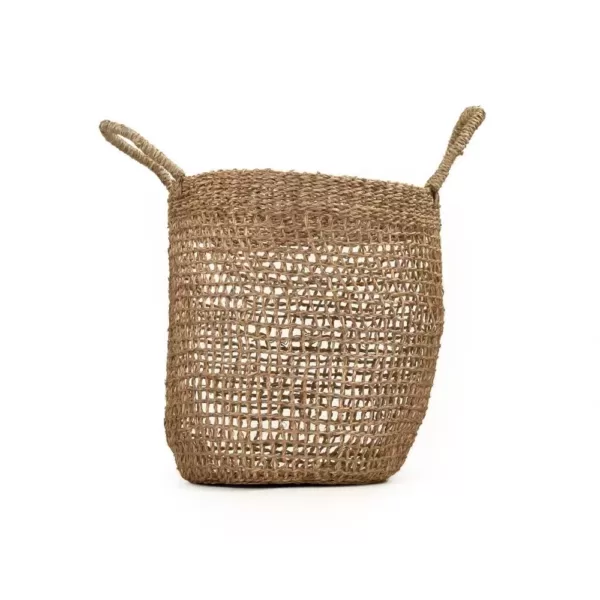 Zentique Cylindrical Handmade Woven Wicker Seasgrass Palm Leaf Wire Medium Basket with Stripes and Handles