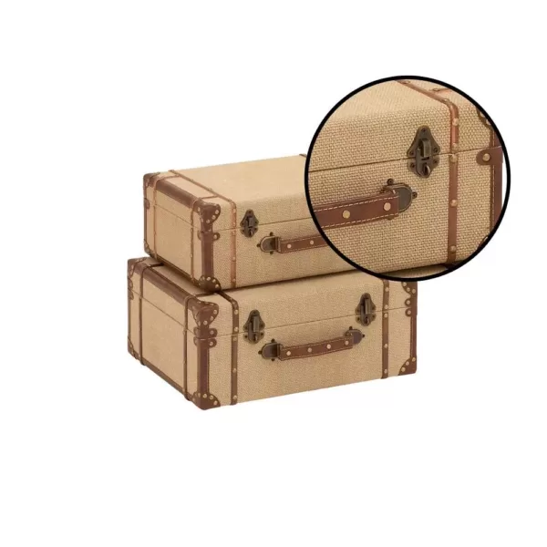 LITTON LANE Rectangular Wooden Burlap Trunk Boxes with Hinged Lids (Set of 2)