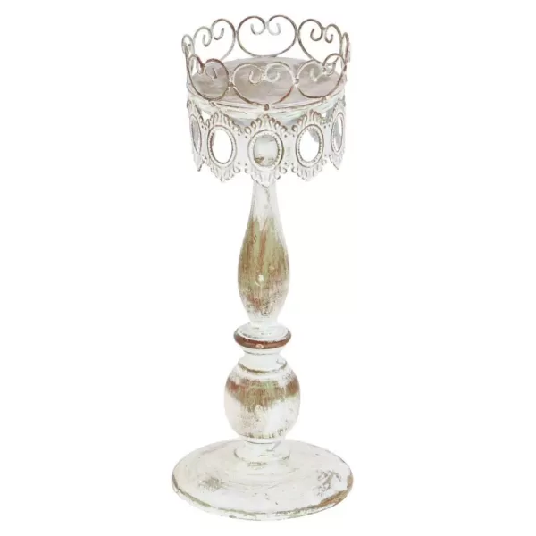 LITTON LANE 14 in. Distressed Ivory Iron Pillar Candle Holders with Filigree-Patterned Cups (Set of 2)