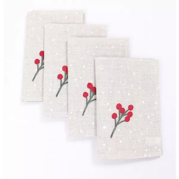 Manor Luxe 20 in. x 20 in. Holly Berry Branch Crewel Embroidered Christmas Napkins (Set of 4), Linen Blend