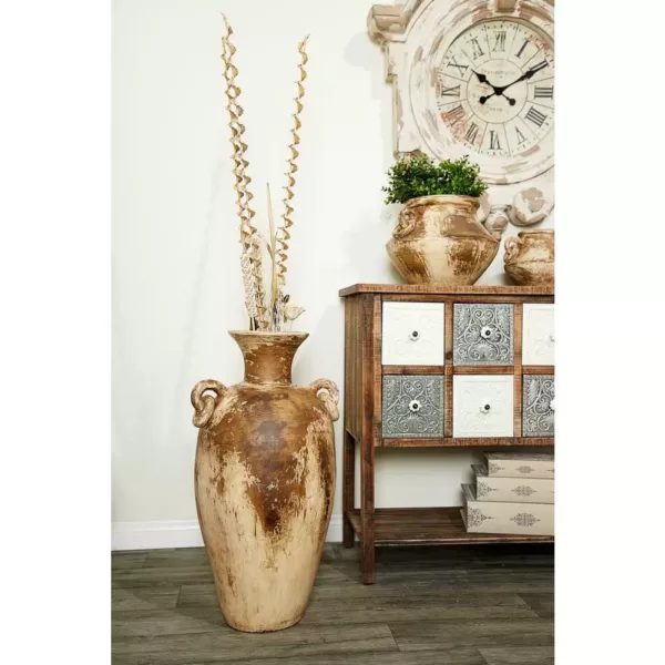 LITTON LANE Distressed Beige and Brown Amphora-Style Ceramic Decorative Vase