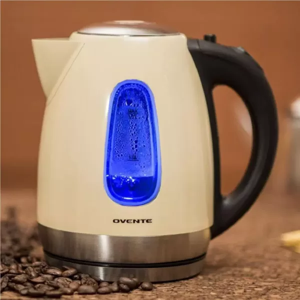 Ovente 7-Cup Beige Stainless Steel Electric Kettle, Automatic Shut-Off and Boil-Dry Protection