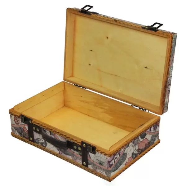 Vintiquewise 13.8 in. x 8.8 in. x 5 in. Wood and Faux Leather Old World Map Suitcase