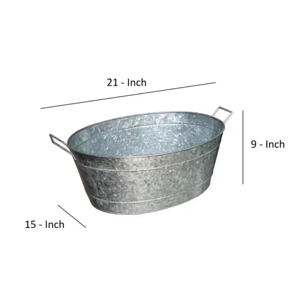 Benjara 1.1 Gal. Small Silver Steel Embossed Design Oval Shape Galvanized Steel Tub with Side Handles