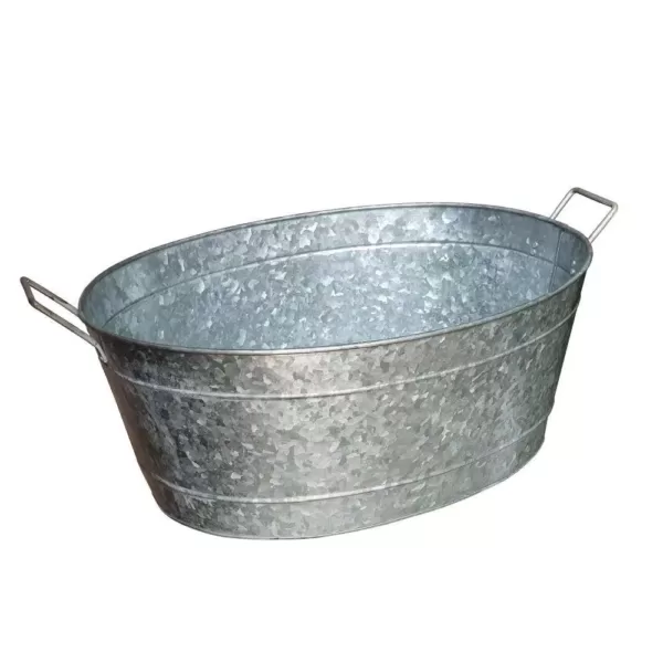 Benjara 1.1 Gal. Small Silver Steel Embossed Design Oval Shape Galvanized Steel Tub with Side Handles