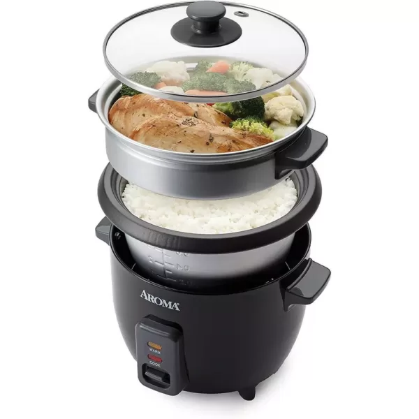 AROMA 6-Cup Black Rice Cooker with Removable Steam Tray