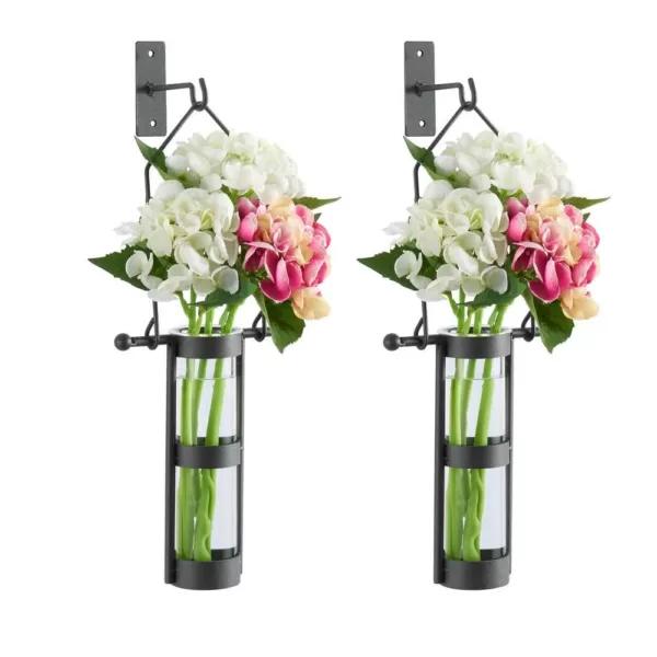 DANYA B Urbanne Rustic Black Metal Wall Mount Hanging Glass Cylinder Decorative Vases (Set of 2)