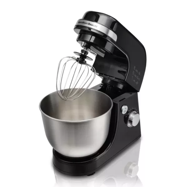 Hamilton Beach 4 Qt. 7-Speed Black Stand Mixer with Dough Hook, Whisk and Flat Beater Attachments