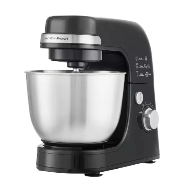 Hamilton Beach 4 Qt. 7-Speed Black Stand Mixer with Dough Hook, Whisk and Flat Beater Attachments