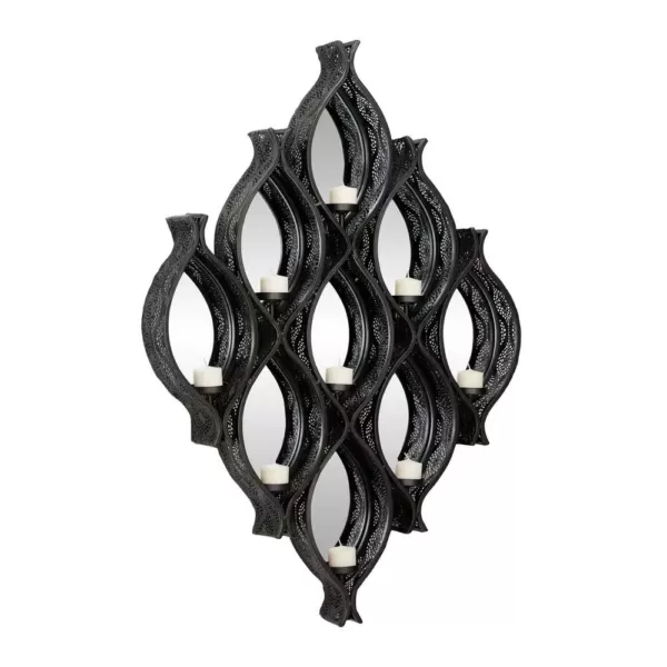 LITTON LANE Eclectic Large Black Diamond Mesh Metal Wall Sconce with Mirrors