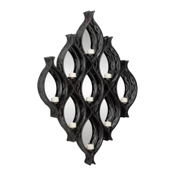 LITTON LANE Eclectic Large Black Diamond Mesh Metal Wall Sconce with Mirrors