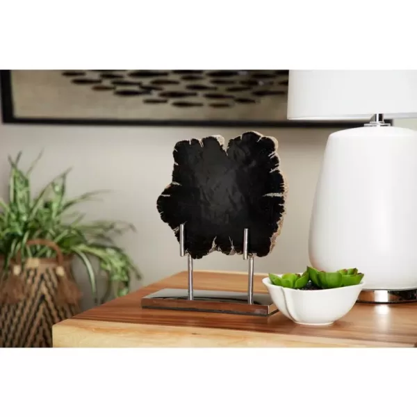 LITTON LANE Large Live Edge Black Petrified Wood Slice Sculpture on Silver Metal Stand