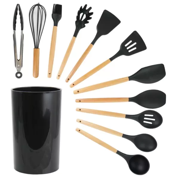 MegaChef Black Silicone and Wood Cooking Utensils (Set of 12)