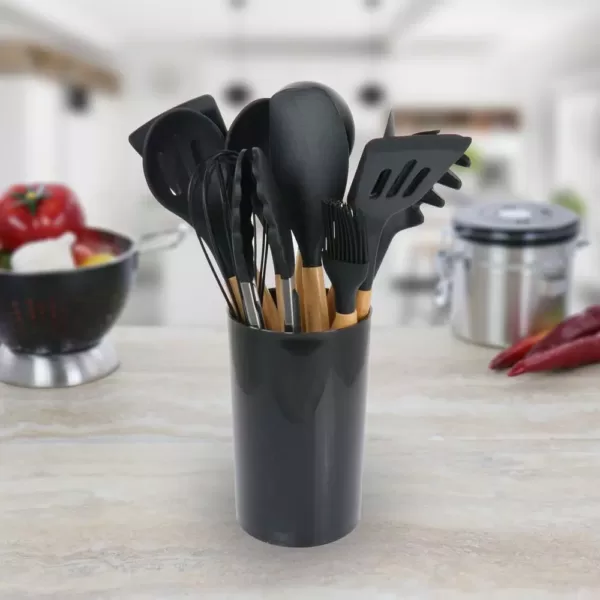 MegaChef Black Silicone and Wood Cooking Utensils (Set of 12)