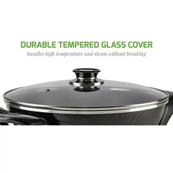 Ovente 13 In. Black Non-Stick Electric Skillet with Aluminum Body Adjustable Temperature Controller Tempered Glass Cover