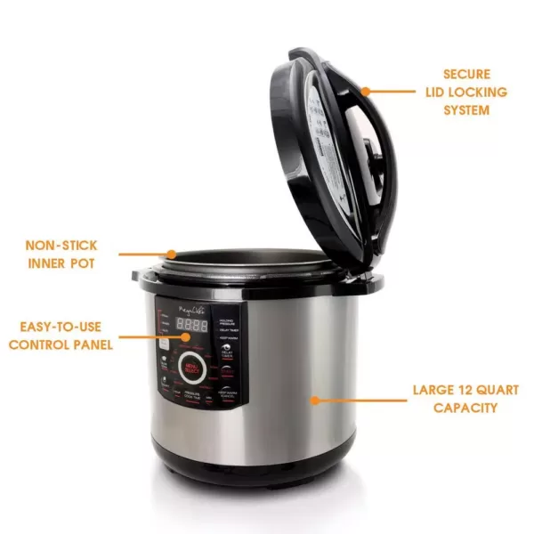 MegaChef 12 Qt. Black and Silver Electric Pressure Cooker with Automatic Shut-Off and Keep Warm Setting