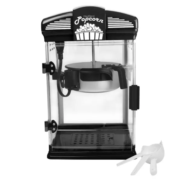 West Bend 4-Quart Black Hot Oil Movie Theater Style Popcorn Popper Machine with Nonstick Kettle Includes Measuring Cup and Scoop