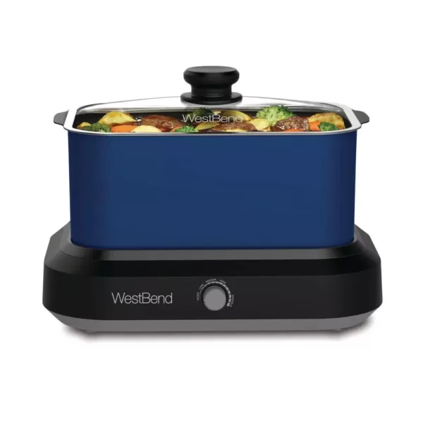 West Bend 6 qt. Blue Non-Stick Versatility Slow Cooker with 5-Temperature Settings Includes Travel Lid and Thermal Tote