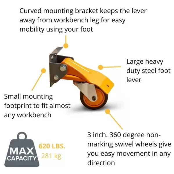 BORA Steel Universal Rolling Mobile Base Caster Kit