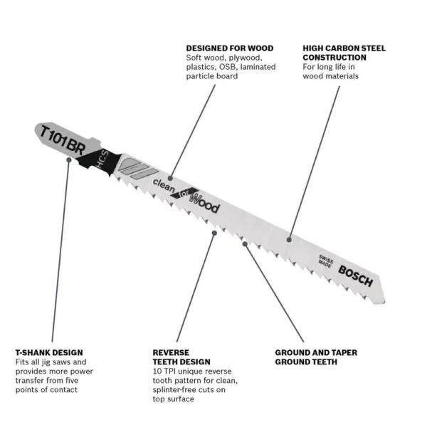 Bosch 4 in. 10 Teeth Per Inch High Carbon Steel Jig Saw Blade for Cutting Wood, Plastic, and Laminated Particleboard (5-Pack)