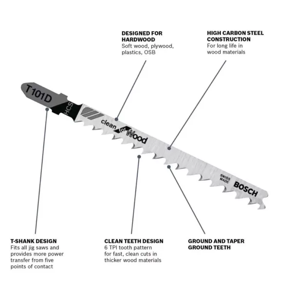 Bosch 4 in. 6 Teeth High Carbon Steel T-Shank Jig Saw Blade for Cutting Wood (5-Pack)