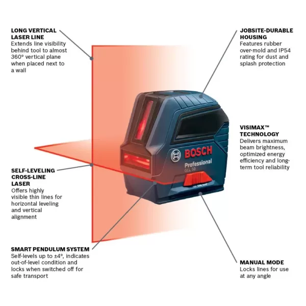 Bosch 165 ft. Laser Distance Measurer with Bluetooth and Full Color Display with Bonus 50 ft. Cross Line Laser Level