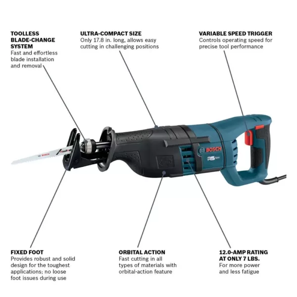 Bosch Factory Reconditioned Corded Variable Speed Reciprocating Saw with Carrying Bag