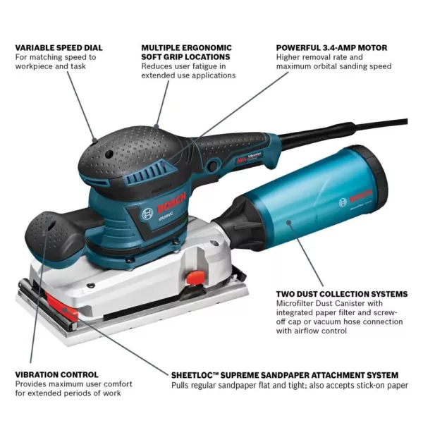 Bosch 3.4 Amp 1/2 in. Corded Electric Finishing Orbital Sander Kit with Vibration Control for 4.5 in. x 9 in. Sheets