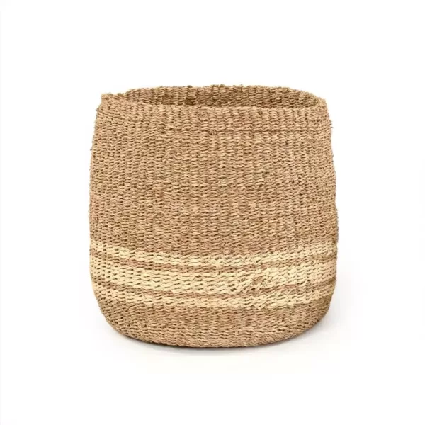 Zentique Concave Hand Woven Wicker Seagrass and Palm Leaf with Light Pin Stripes Large Basket