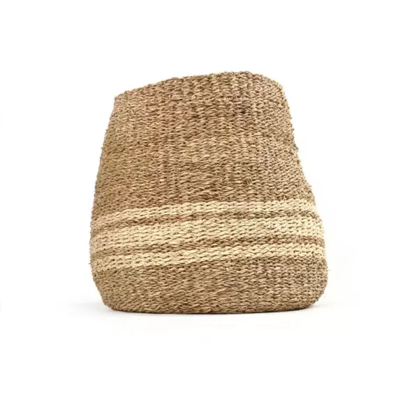 Zentique Concave Hand Woven Wicker Seagrass and Palm Leaf with Light Pin Stripes Medium Basket