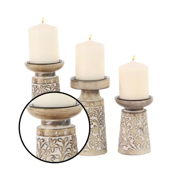 LITTON LANE Brown Iron and Wood Candle Holders with White Accents (Set of 3)