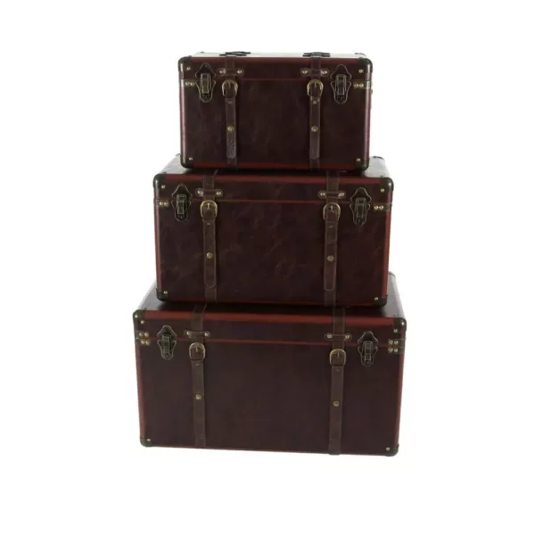 LITTON LANE Globetrotter Wood and Matte Brown Leather Case (Set of 3)