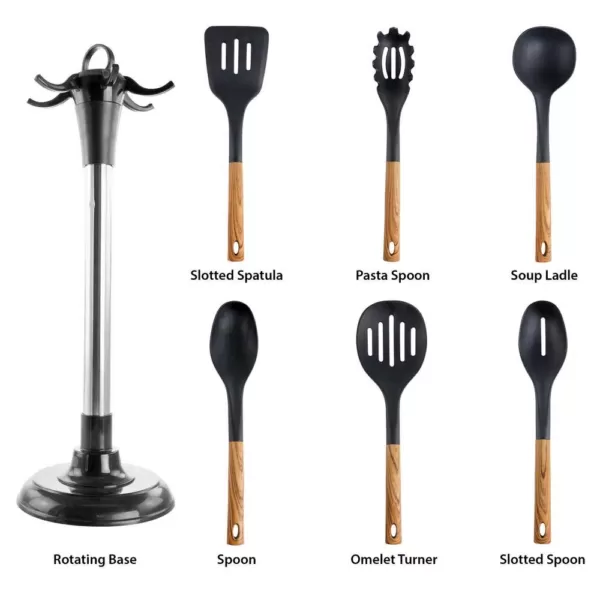 MegaChef Black Nylon Cooking Utensils with Wood Design (Set of 7)