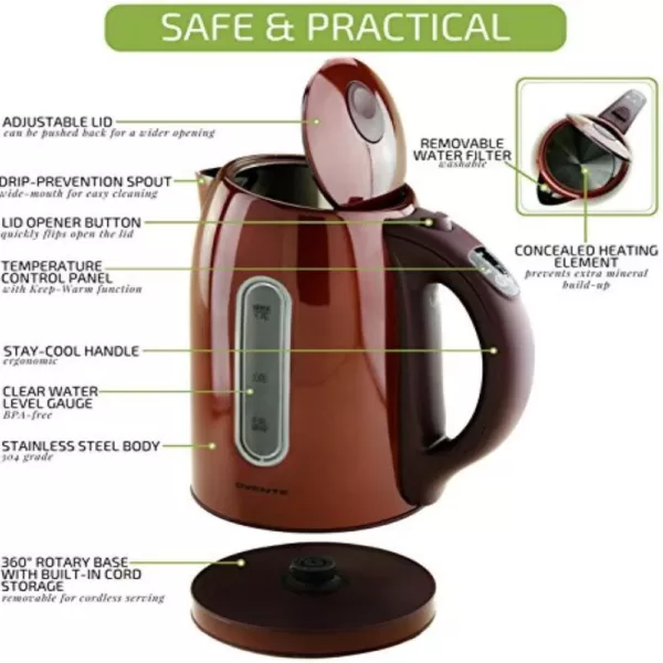 Ovente KS89BR 7-Cup Brown BPA-Free Electric Kettle, 5 Preset Settings with Auto Shut-Off and Boil-Dry Protection