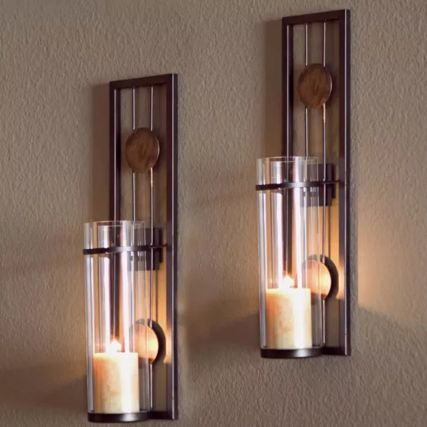 DANYA B Contemporary Metal Brown Wall Candle Sconces with Antique Patina Medallions (Set of 2)