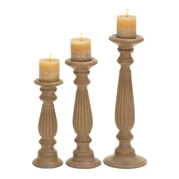 LITTON LANE Rustic Light Brown Carved Mango Wood Candle Holder (Set of 3)