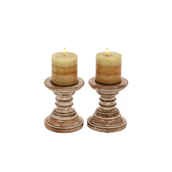 LITTON LANE 6 in. Oak Brown with Beige Tapered Segmented Round Candle Holders