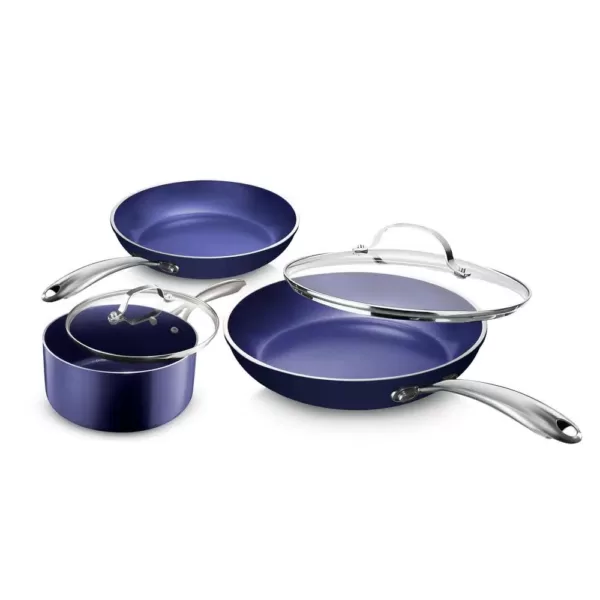 GRANITESTONE Classic Blue 5-Piece Aluminum Ultra-Durable Non-Stick Diamond Infused Cookware Set with Glass Lids