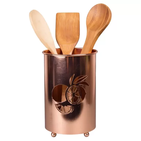 Creative Home Deluxe Copper Plated Metal Utensil Holder Kitchen Tool Crock with Laser Cut Lemon Motif