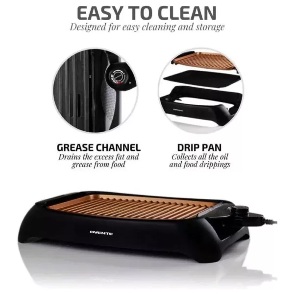 Ovente 1000-Watt Portable Electric Indoor Smokeless Grill with Non-Stick Aluminum Grilling Plate and Oil Drip Pan, Copper