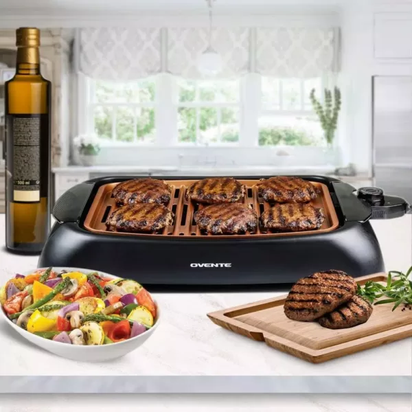 Ovente 1000-Watt Portable Electric Indoor Smokeless Grill with Non-Stick Aluminum Grilling Plate and Oil Drip Pan, Copper