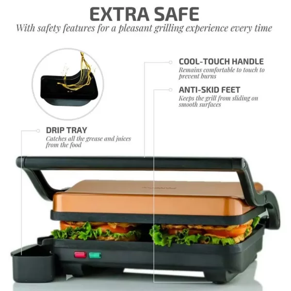 Ovente Copper Electric Panini Press Grill, 2-Slice 1000-Watt Heating Plate, Drip Tray Included