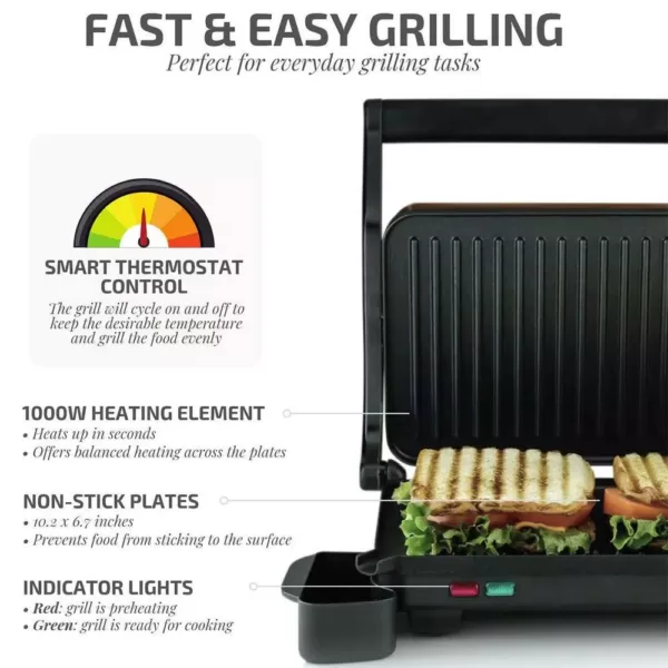 Ovente Copper Electric Panini Press Grill, 2-Slice 1000-Watt Heating Plate, Drip Tray Included